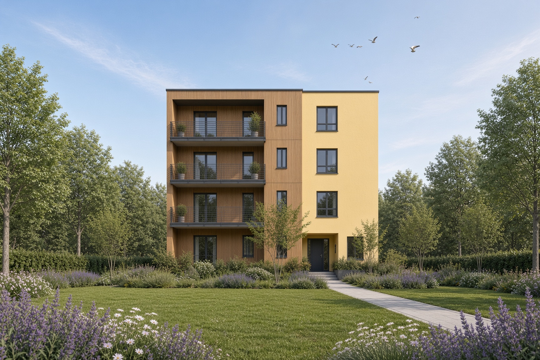 Mehrfamilienhaus mit Holz und hellgelber Fassade