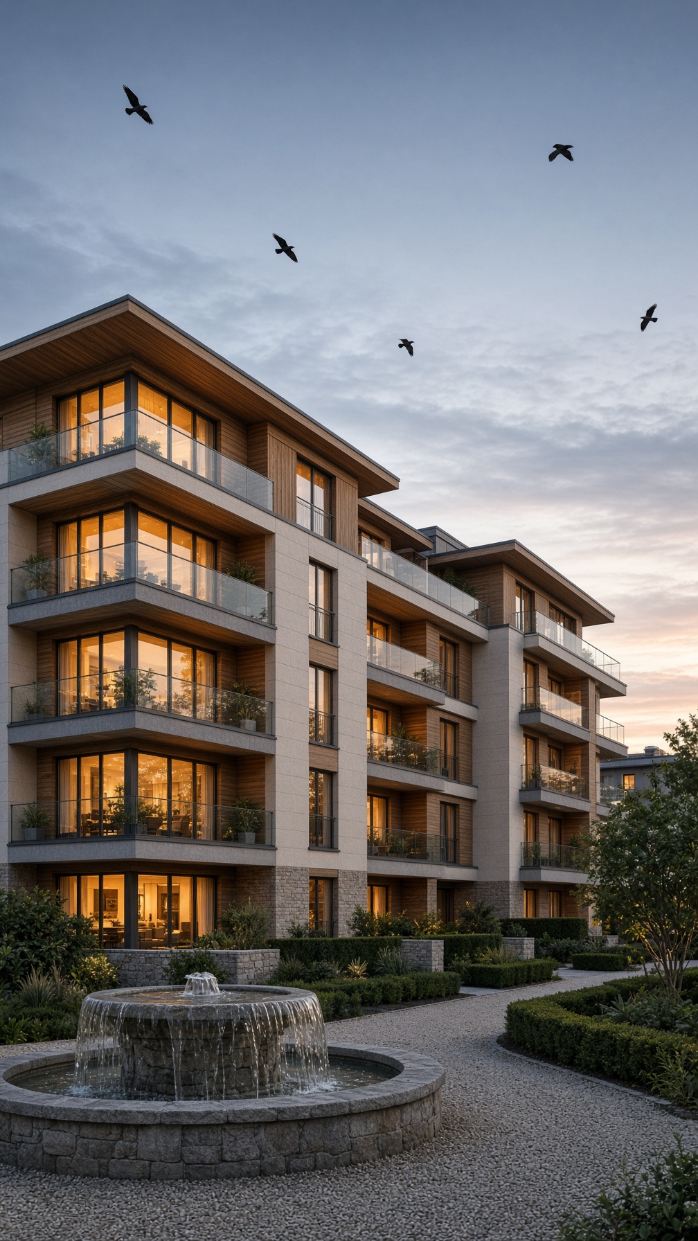 Modernes Mehrfamilienhaus im Abendlicht