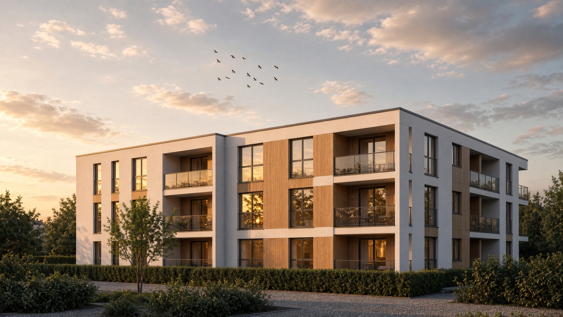 Modernes Mehrfamilienhaus im Abendlicht