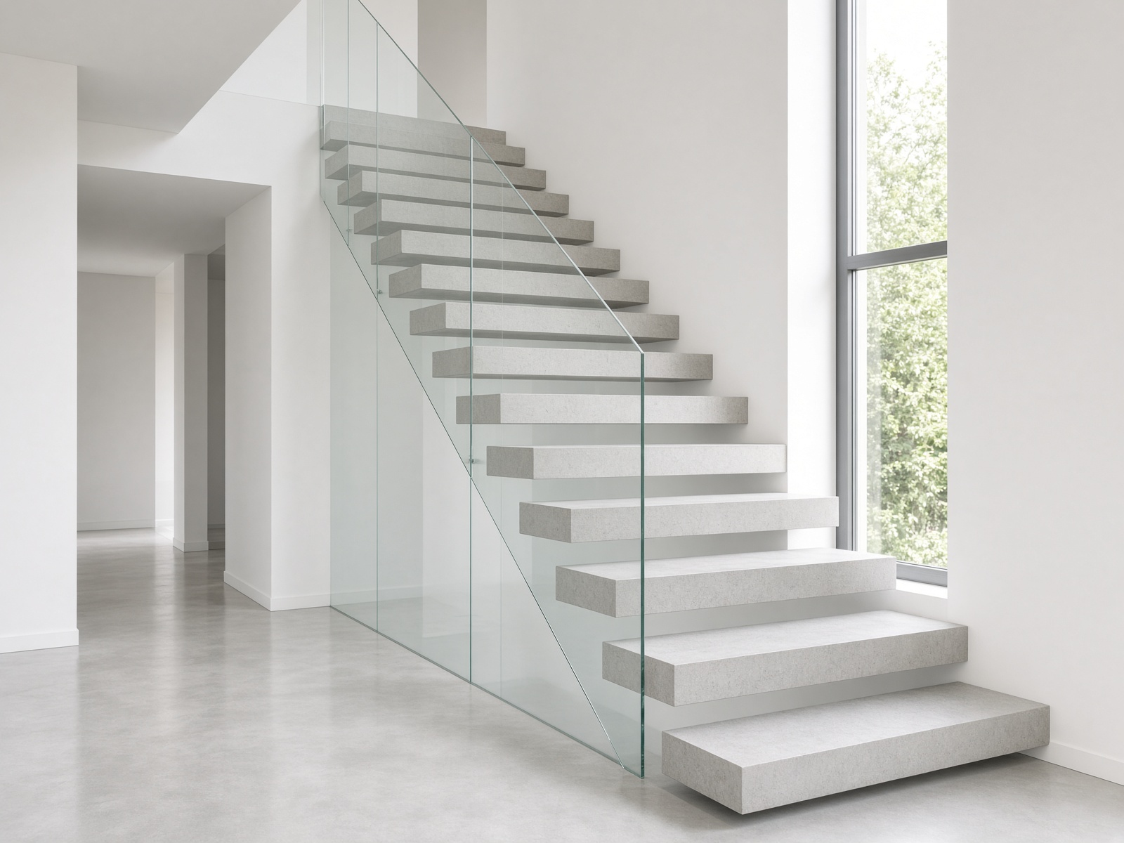 Modernes helles Treppenhaus mit Glasgeländer